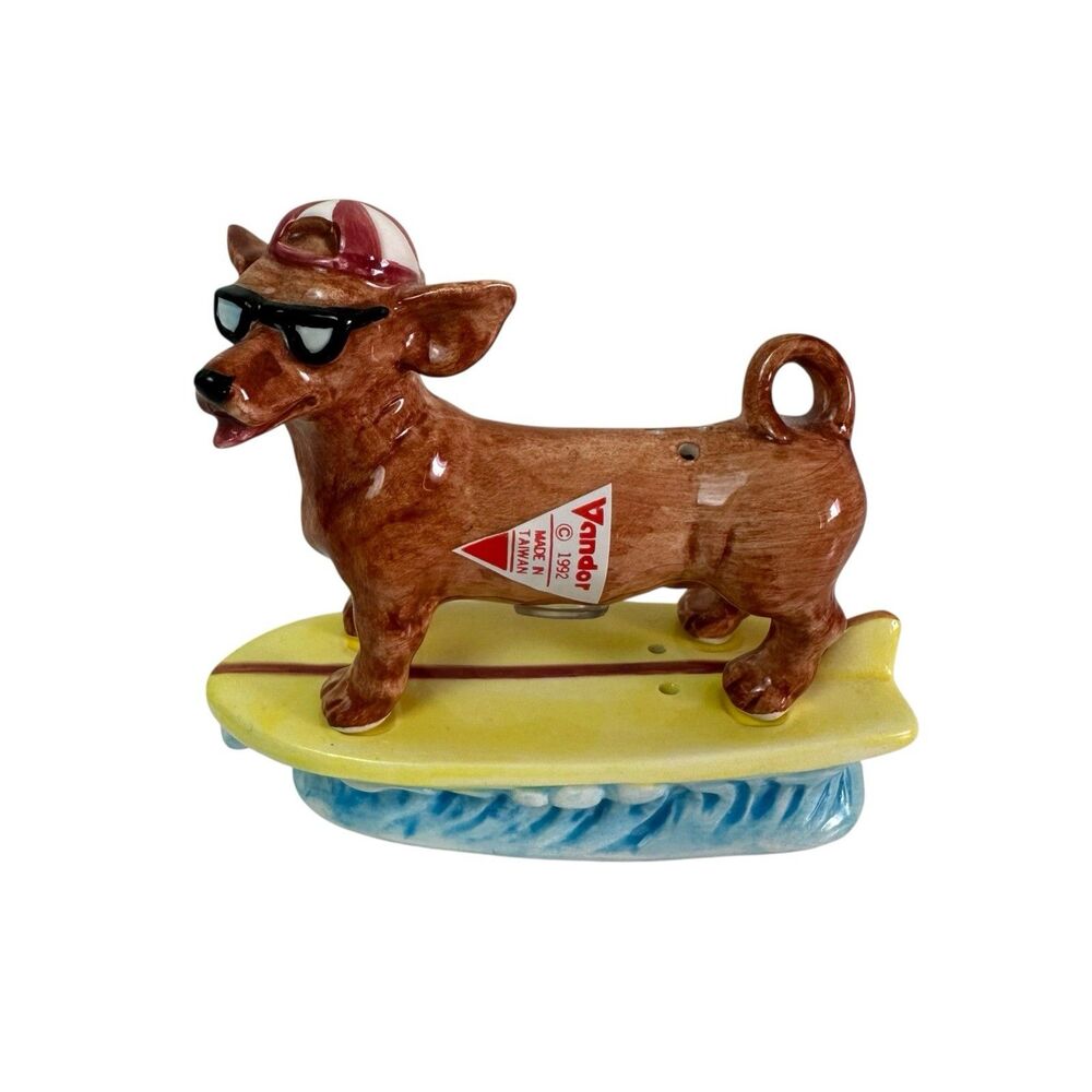 Vintage Vandor 1992 Dog Surfboard Beach Ceramic Salt and Pepper Shaker Set Surf